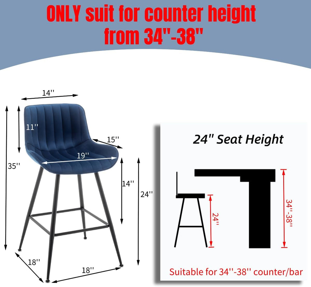 Blue Bar Stools Set of 2, Luxury Counter Height Barstools 24-Inch