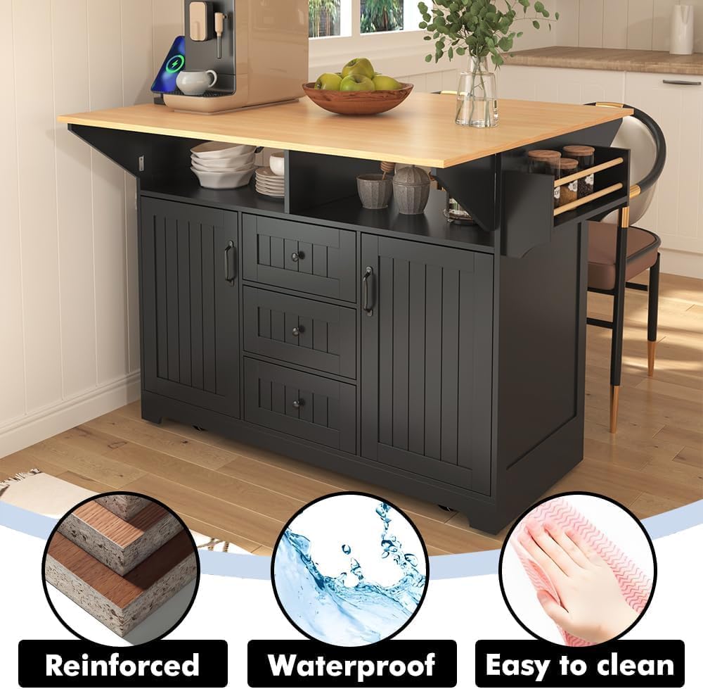 Kitchen Island with 2 Drop Leaf, Home Cart Island on Wheels Foldable Dining T...