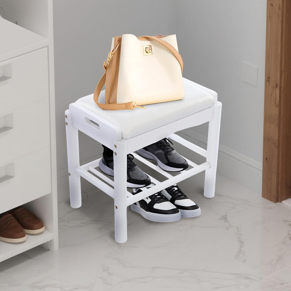Shoe Bench with Cushion, 2-Tier Bamboo Shoe Rack Bench, Entryway Shoe Storage...
