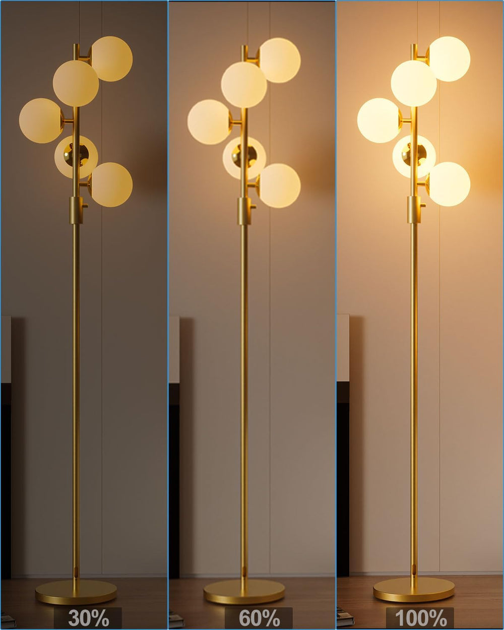 Lightdot Dimmable Globe Floor Lamp, Gold Standing Lamps with 5PCS 3000K Bulbs...