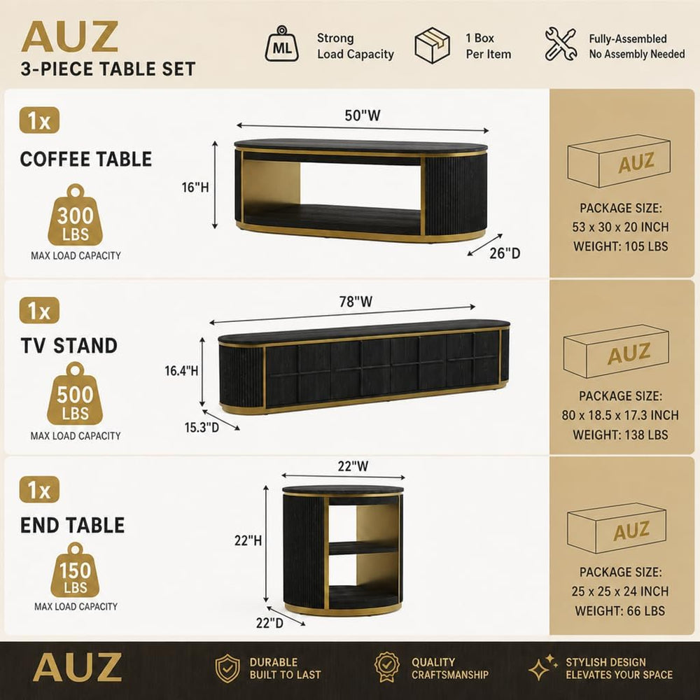 AUZ Fully Assembled TV Stand with Coffee Table Set of 4, Black Solid Wood | C...