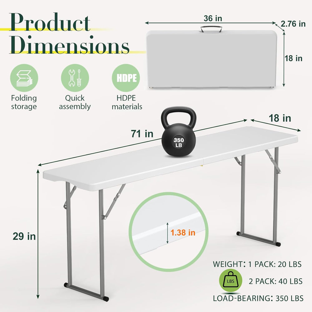 HLPB 6 FT Narrow Folding Table, Tabletop Fold-in-Half, Thickened HDPE Materia...