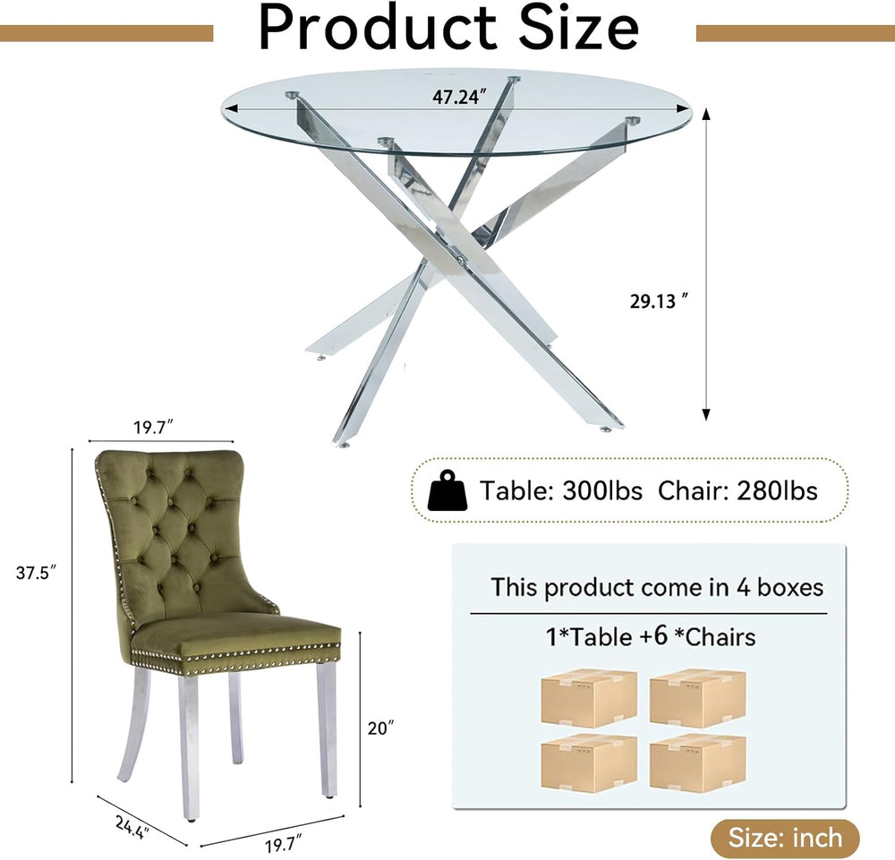Henf 7 Piece Round Dining Table Set with 6 Upholstered Chairs, 47'' G...
