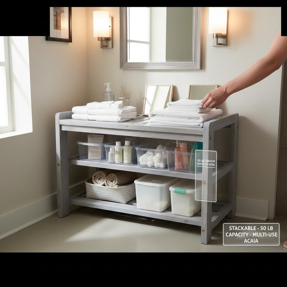 27-Inch Wooden Shoe Bench for Entryway, 3-Tier Storage Organizer, Rustic Shoe...