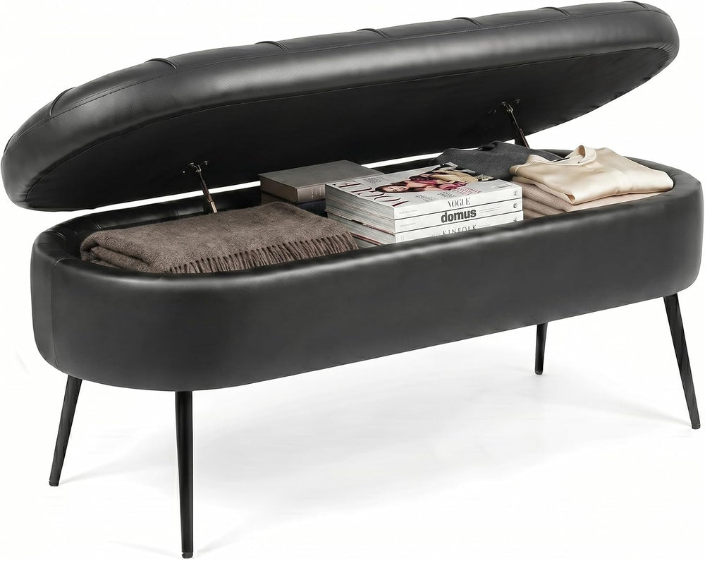 Storage Ottoman Bench, 43.7" PU Leather End of Bed Bench Black | Bench w...