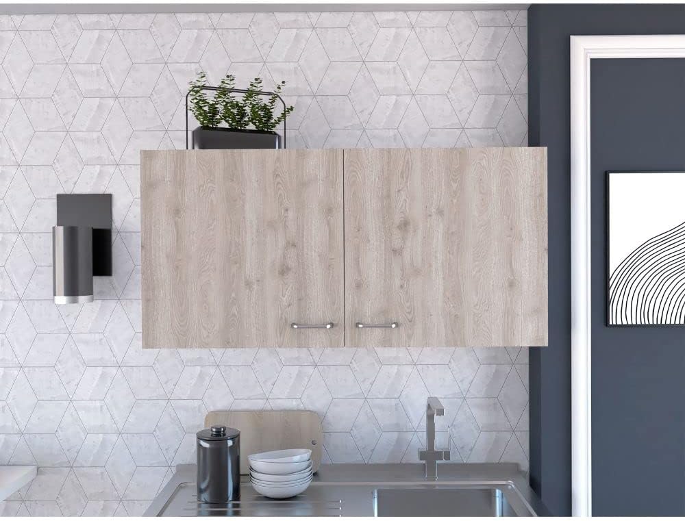 White and Light Grey 2-Door Wall Cabinet, 2-Compartment Kitchen Storage &...