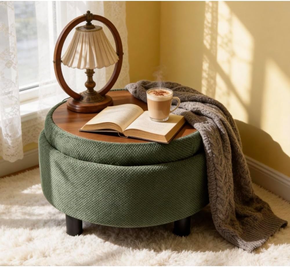 25Inch Round Storage Ottoman with Tray, ModernTufted Fabric Circle Coffee Tab...