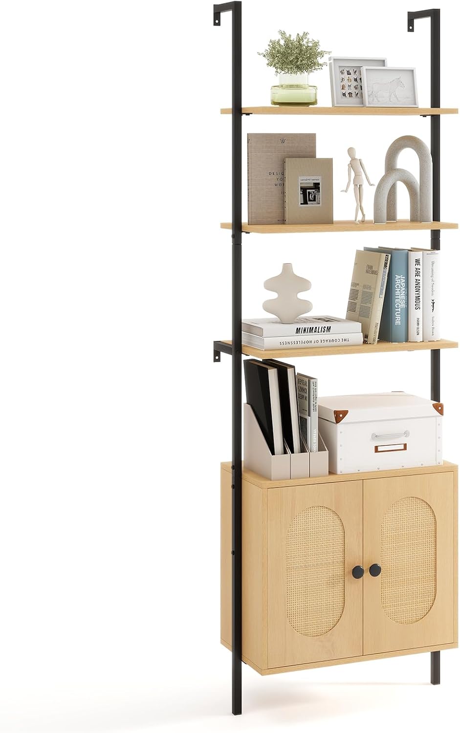 GIANTEX 72.5" Ladder Bookshelf with Cabinet, 6-Tier Tall Wall Mounted Bo...