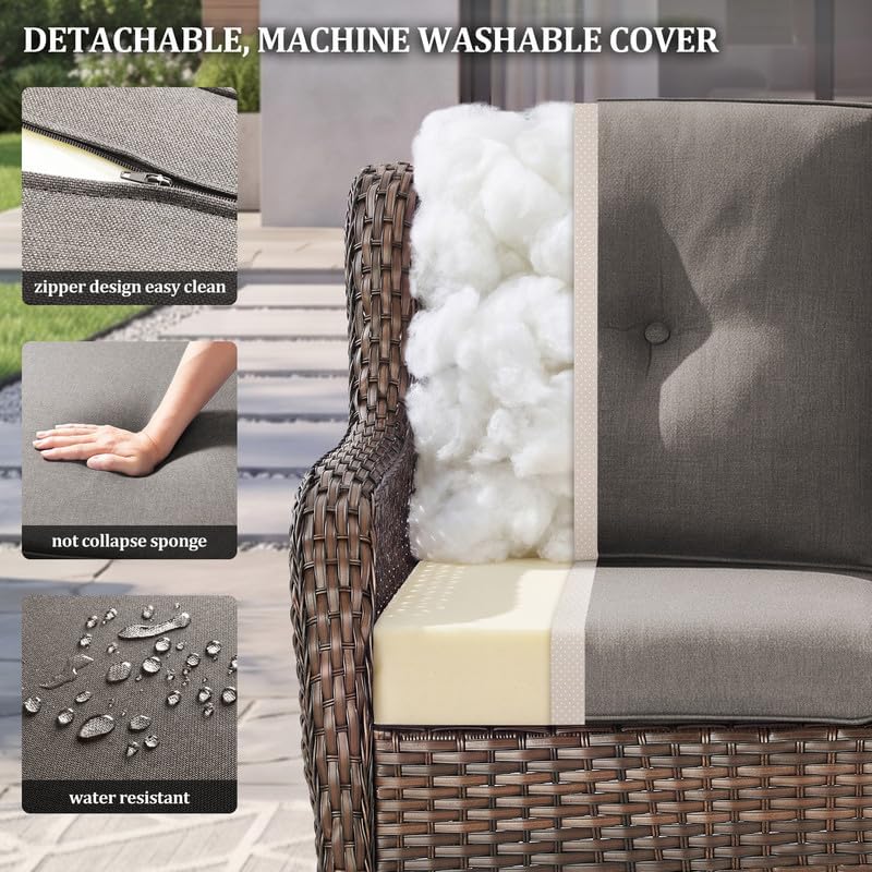 Outdoor Wicker Swivel Rocker Chair and Glider Loveseat 2 Seater, Brown/Grey