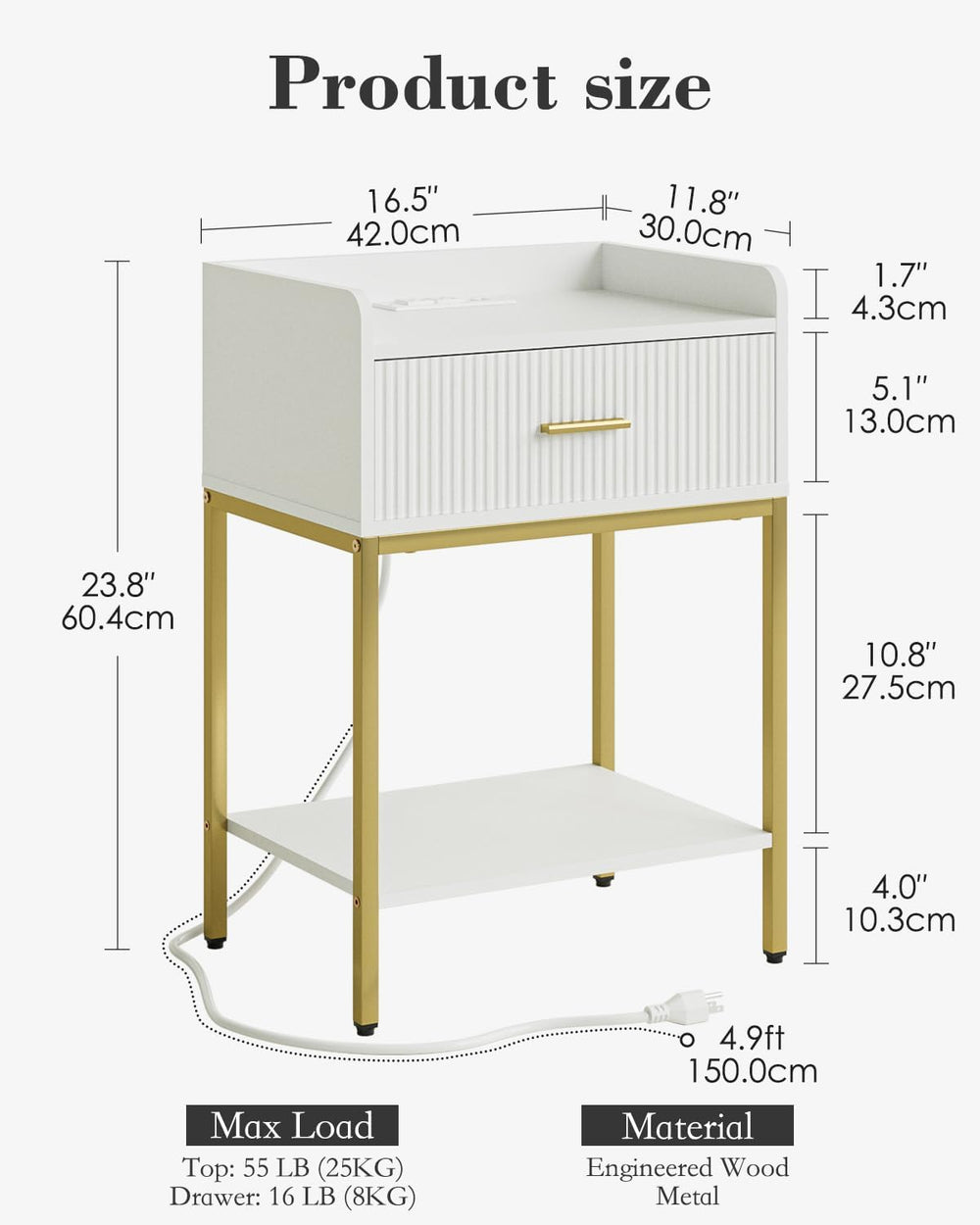 Nightstand with Charging Station, 3-Tier Bed Side Table, Small End Table, Nig...
