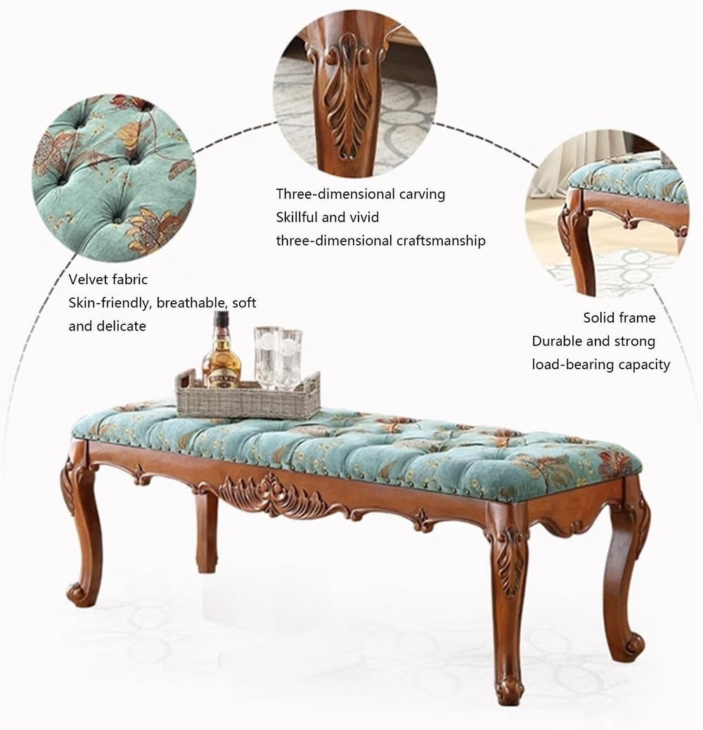 Modern Natural Solid Wood Upholstered Bench - Velvet Cushions Functional Seat...