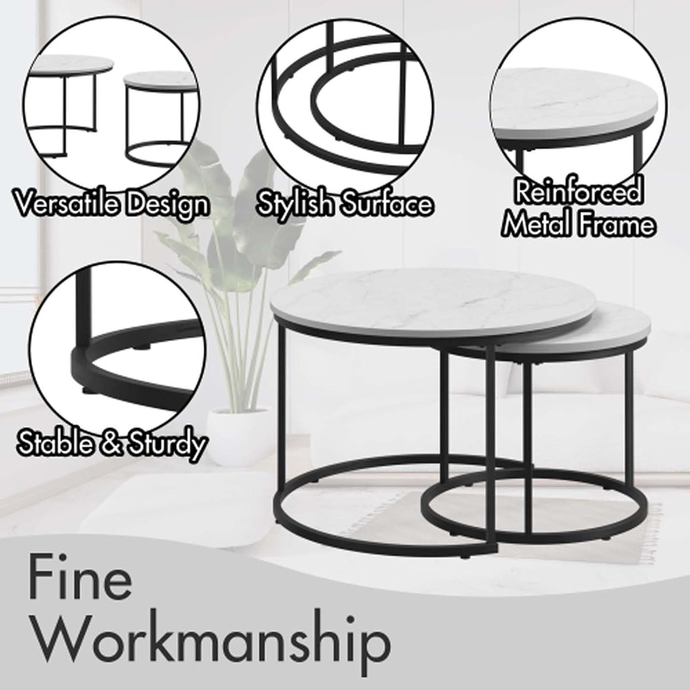 Round Coffee Table Set of 2, Modern Nesting Tables with Marble Look Top &...