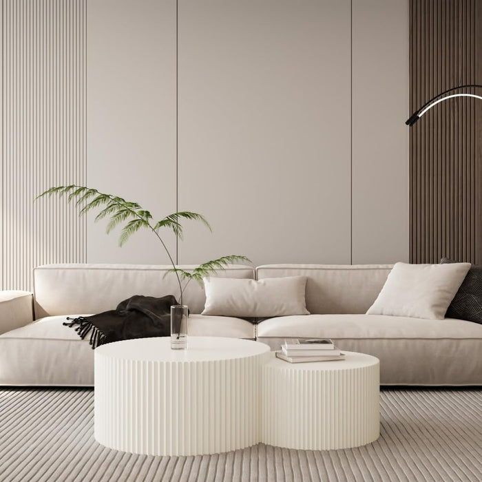 Brilluxa Nesting Coffee Table Set of 2, Vertical Stripe Design, Beige | Two-Piece Nesting Tables with Vertical Stripe Detailing for Living Rooms and Bedrooms