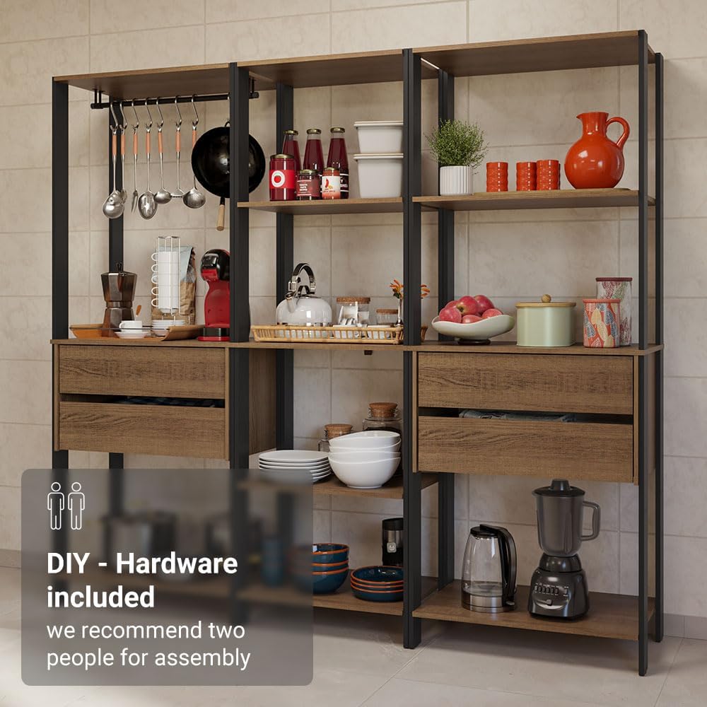 Madesa Kitchen Pantry Storage Rack with 4 Drawers, Open Shelves and Hanging S...