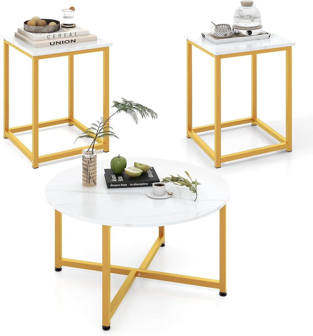 GIANTEX Round Nesting Table Set of 3, Wood Living Room Table Set, White | Mod...