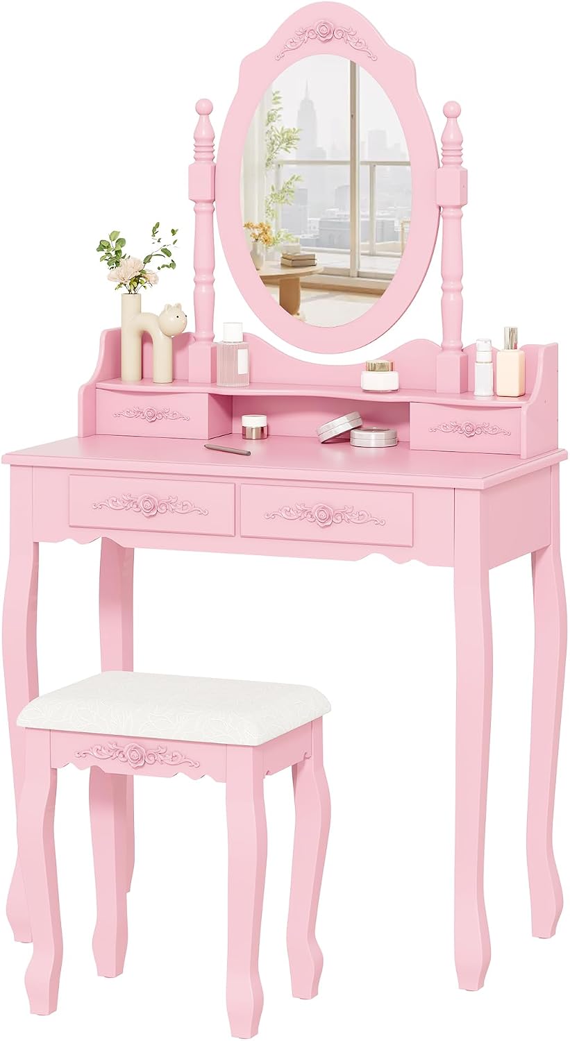 Alohappy Vanity Desk Set with Mirror & Stool for Girls, Pink | Makeup Van...