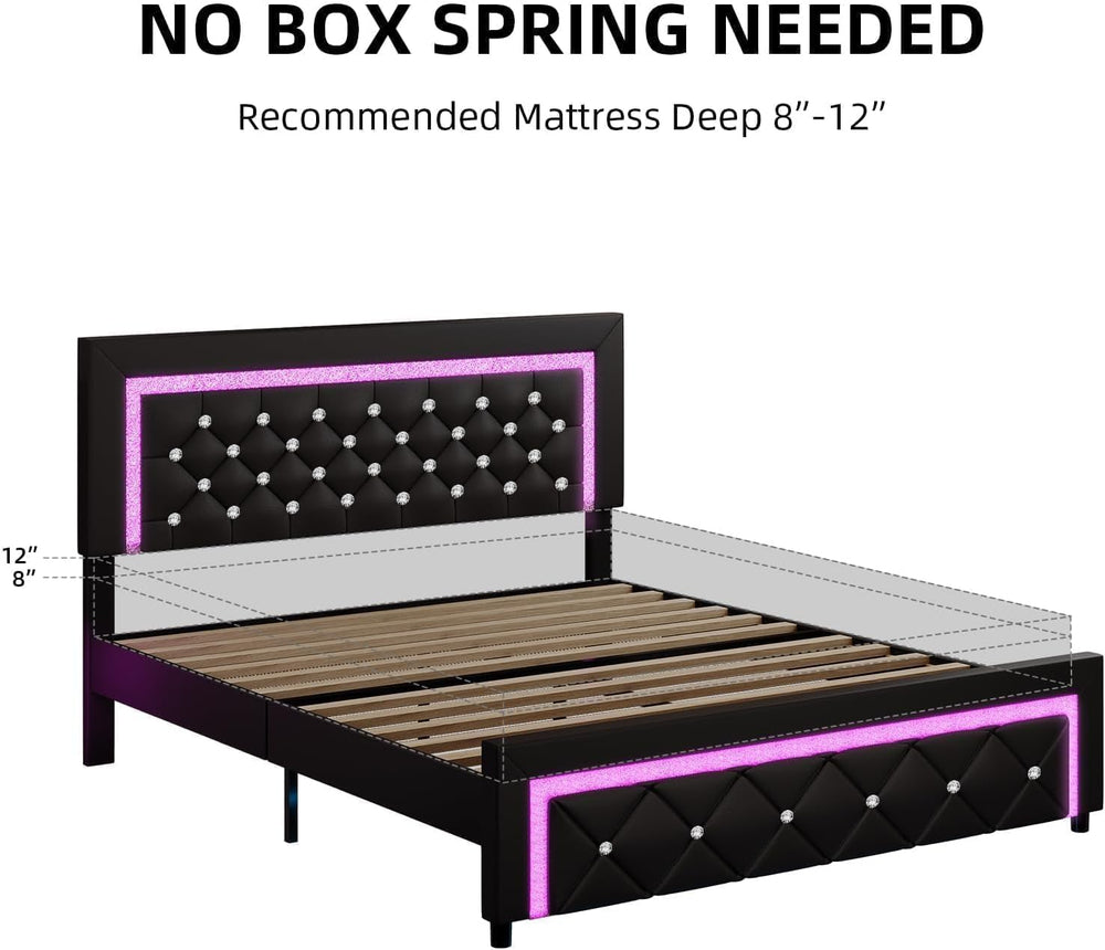 BarnFurin Queen Bed Frame with LED Lights, Diamond Tufted Headboard, Black