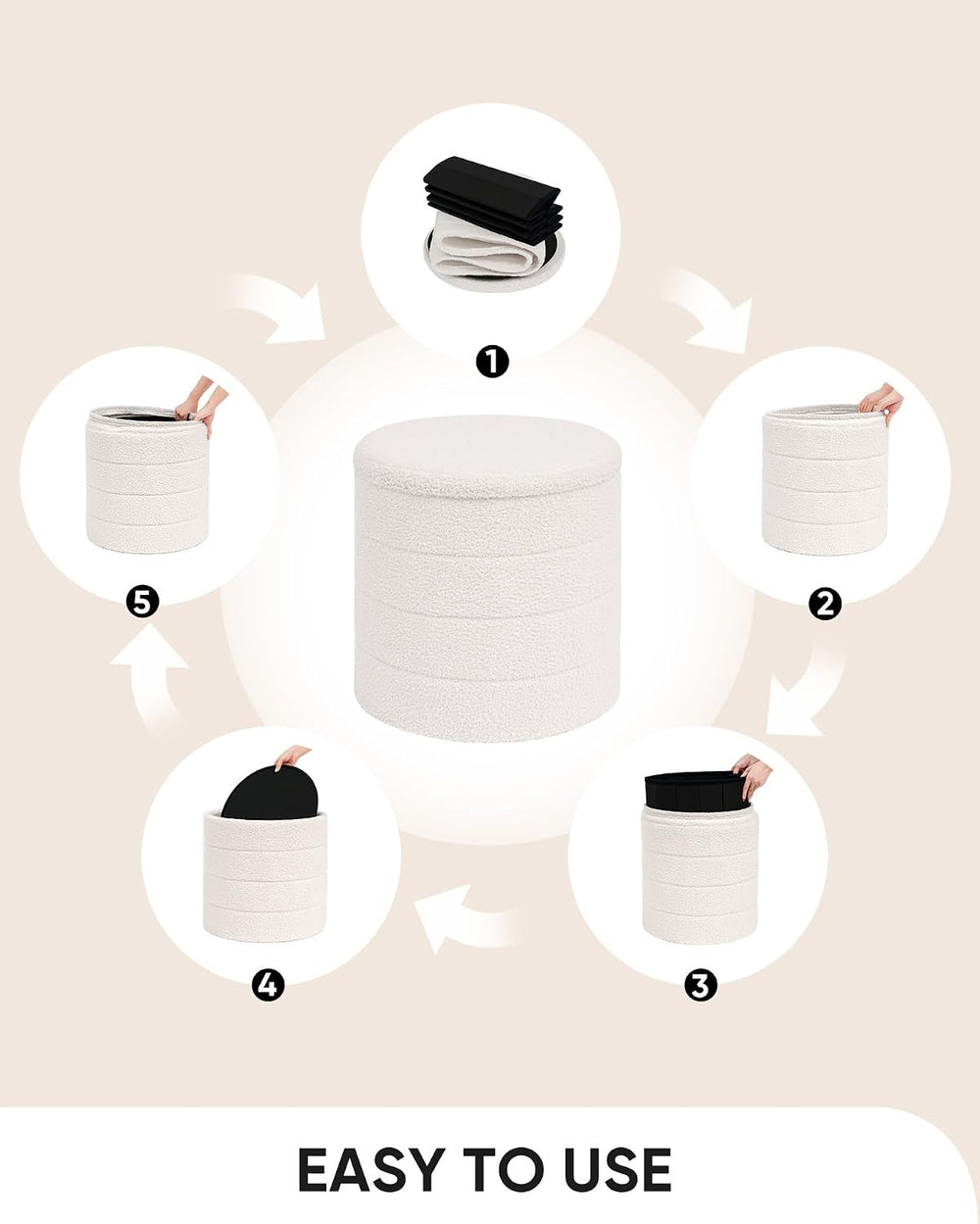 B FSOBEIIALEO Folding Storage Ottoman, Round Sherpa Ottomans, Cream White | 1...