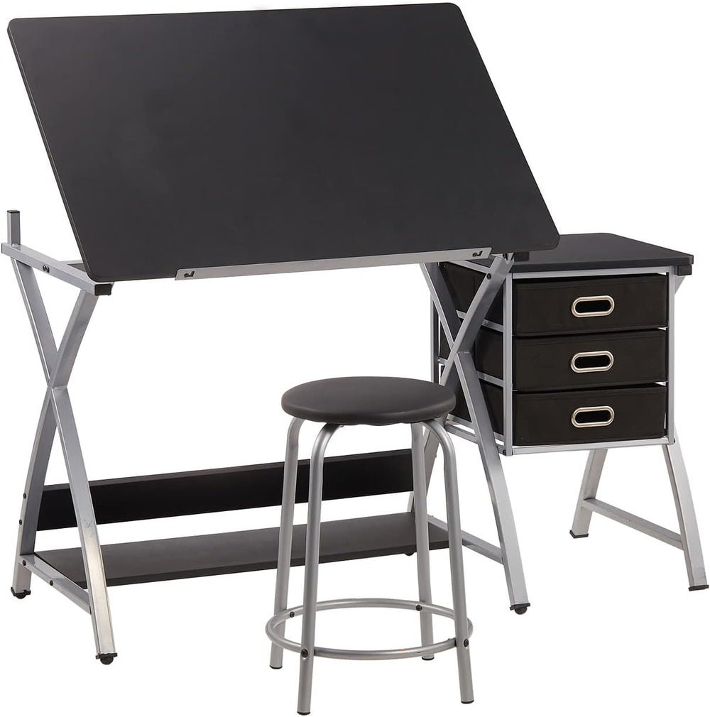 Adjustable Drafting Table for Artists with Stool, Sturdy X-Cross Metal Frame ...