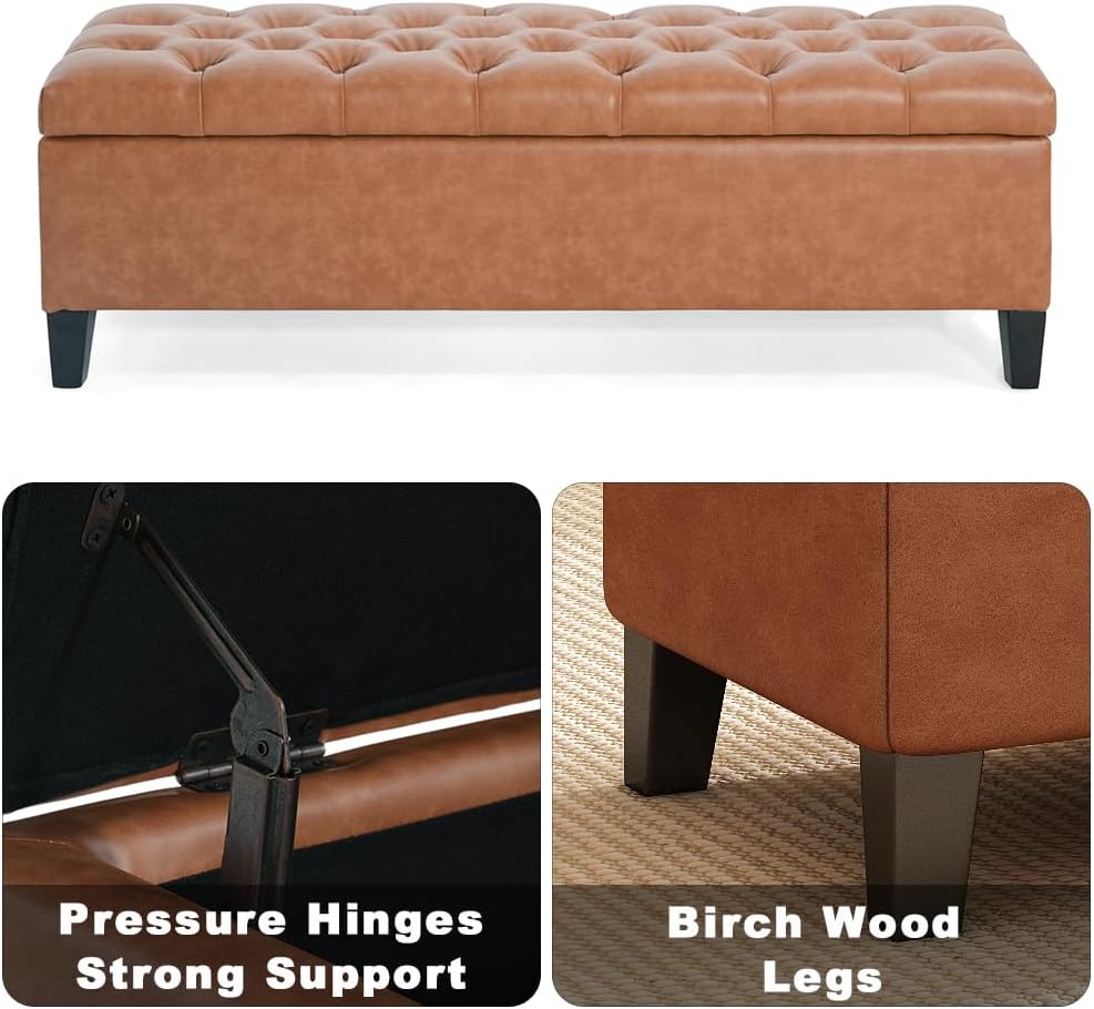 PU Storage Ottoman Bench - Leather Storage Bench End of Bed with Safety Hinge...