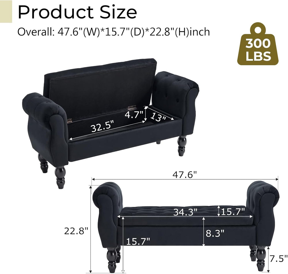 Velvet Upholstered Storage Bench with Arms and Wooden Legs, 47.6" Modern...