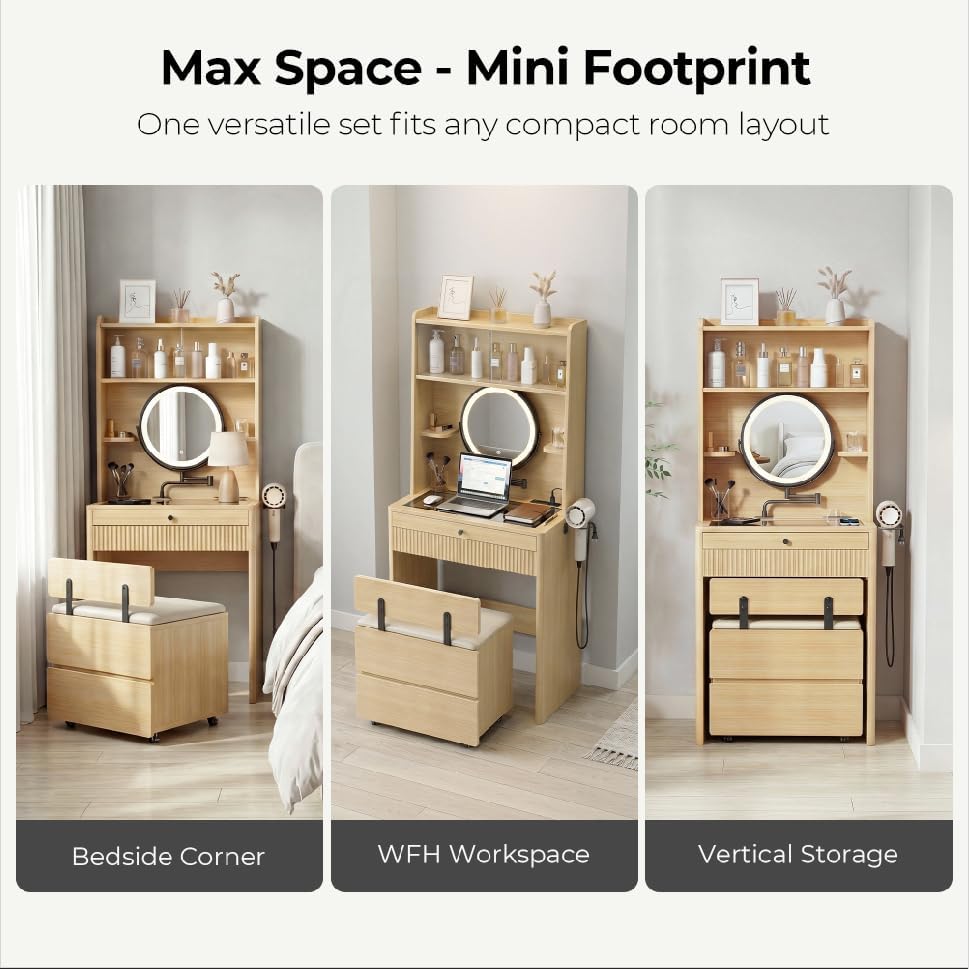 IRONCK Small Vanity Desk with LED Mirror, Glass Top & Storage Stool | 26-...