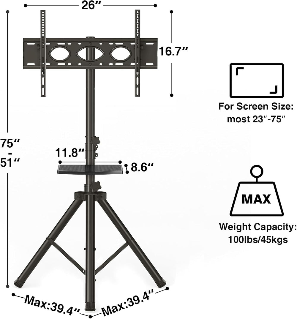 Tripod TV Stand with Shelf for 23-75 inch TVs up to 100 lbs