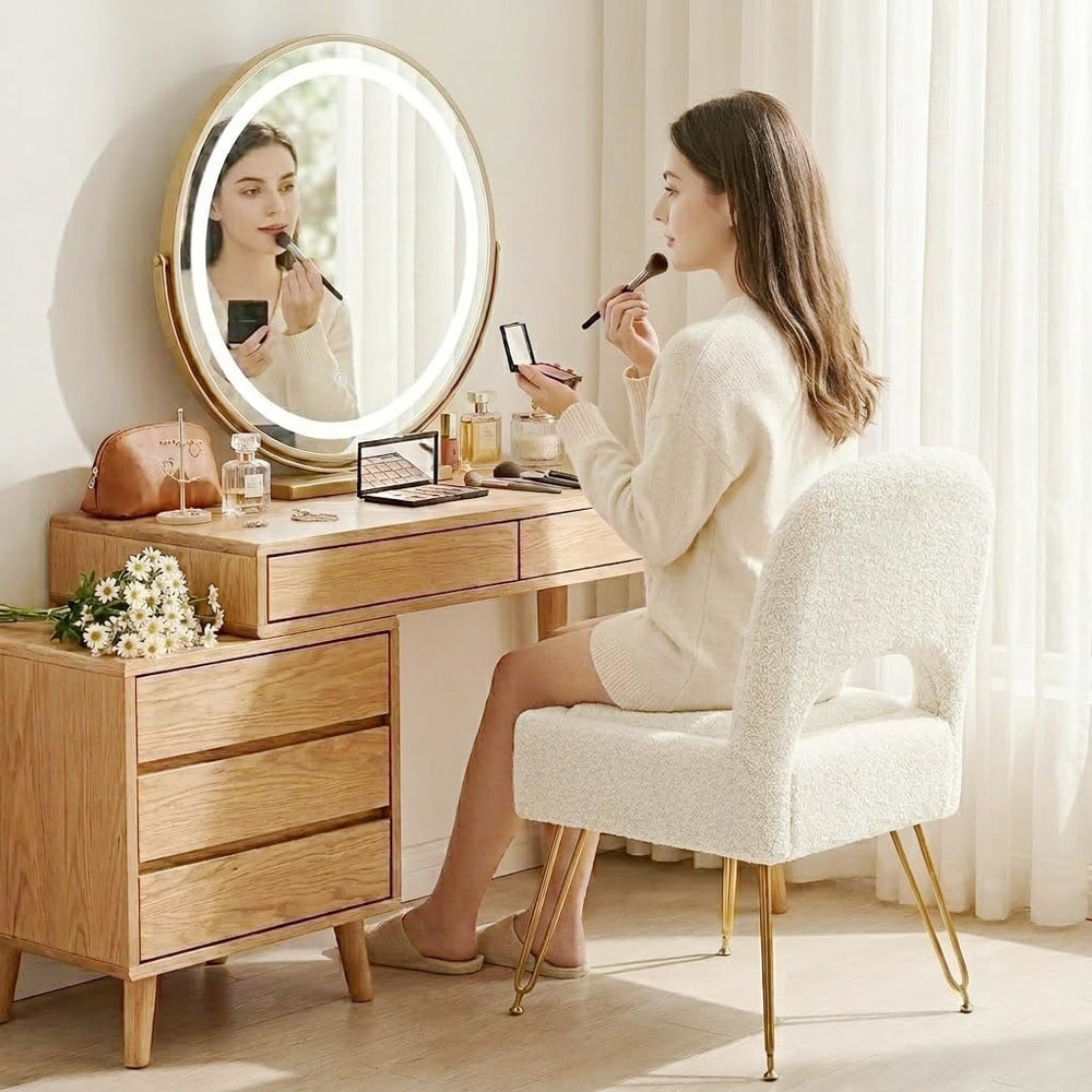 Vanity Stool with Storage & Folding Backrest, Cute White Faux Fur Makeup ...