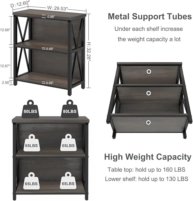 FATORRI Rustic Small 3 Shelf Bookshelf for Living Room, Industrial Low Wood B...