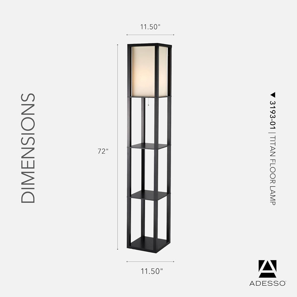 Adesso Shelf Floor Lamp, Black, 3-Tier Storage, Fabric Shade, 72”