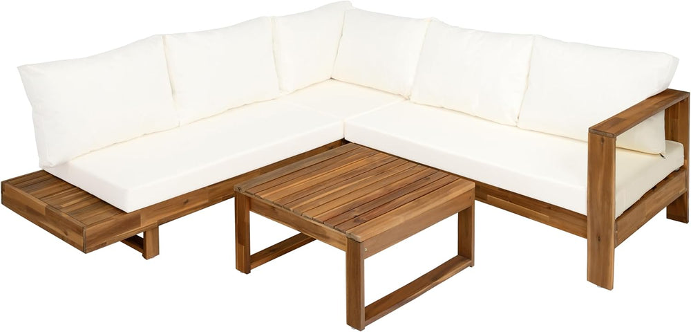 4pc Acacia Wood Outdoor Sectional Sofa Set with Cushions | Slatted Design - M...
