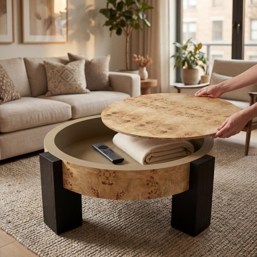 33'' Round Burl Wood Storage Coffee Table, Organic Modern Hidden Comp...