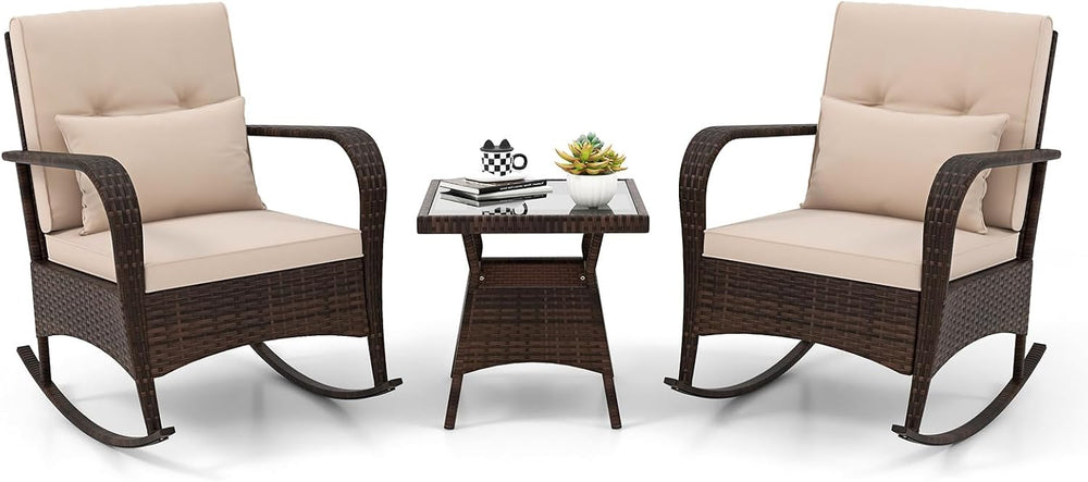 ORALNER 3 Pieces Outdoor Wicker Rocking Chair, Patio Furniture Set (Beige)