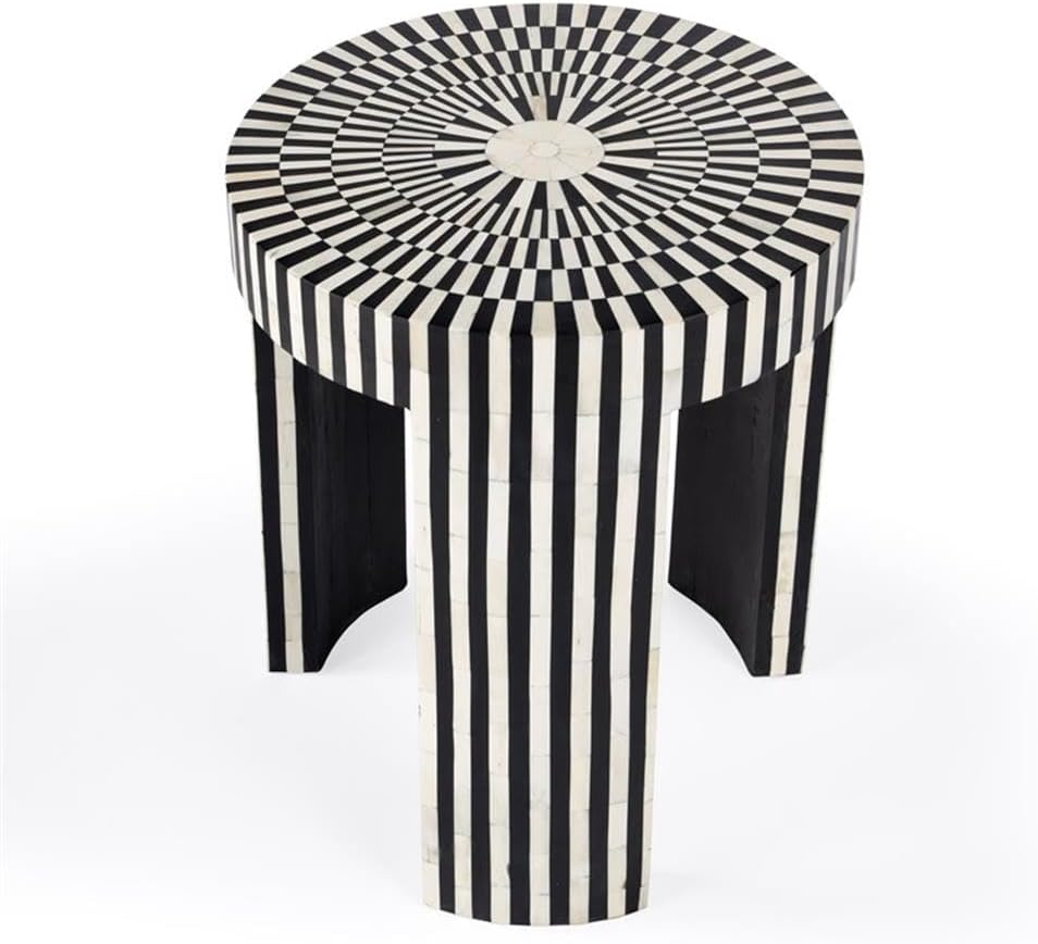 Beaumont Lane Transitional Round Bone Inlay Side Table, Black and White Finis...
