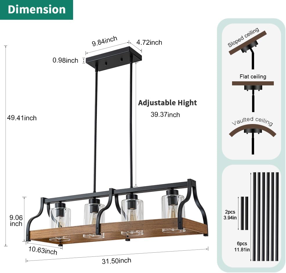 31.5" Farmhouse Chandeliers for Dining Room, Black Kitchen Island Lighting