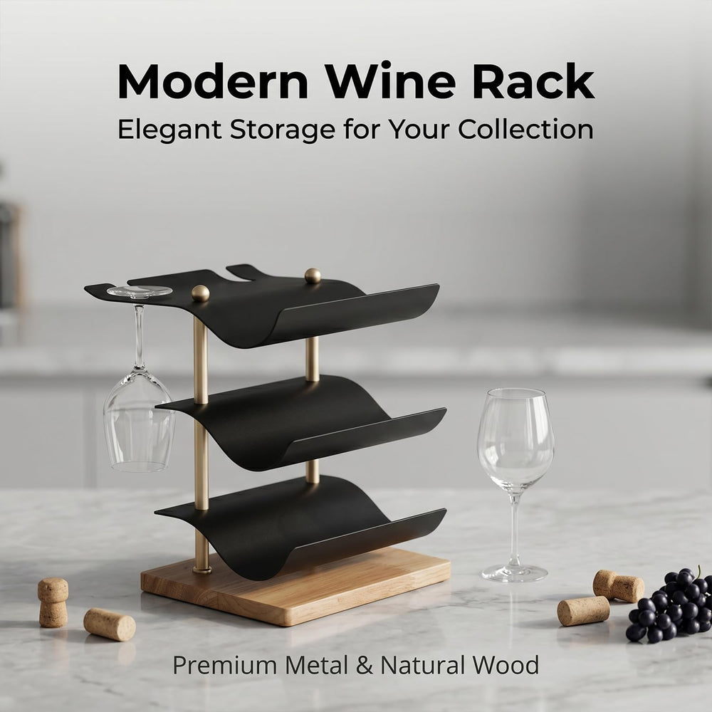 Modern Abstract Wine Rack, Black Metal Wine Holder with Wood Base, 3 Bottle W...