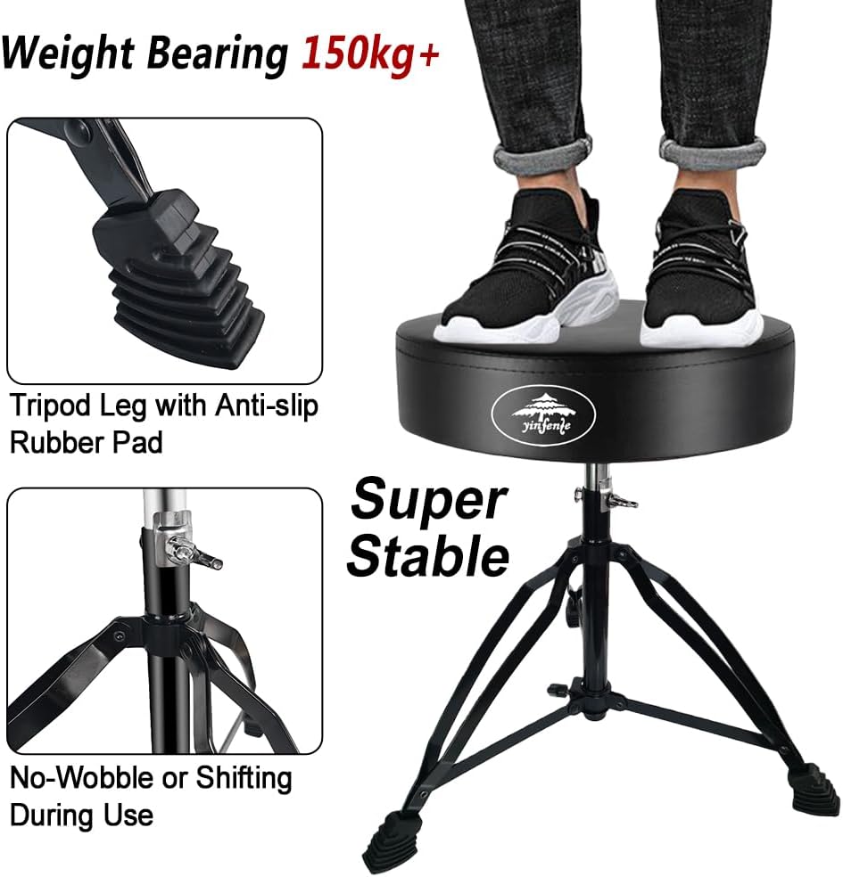 Drum Throne Seat Adjustable-Height with Padded Seat Double-Braced Legs Non-Sl...