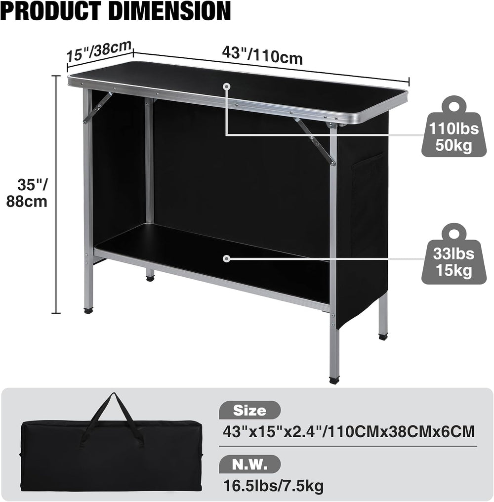 43" Long Portable Bar Table with Remote-Controlled Multi-Color LED Light...