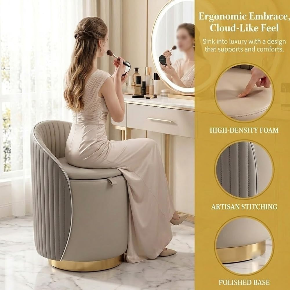 Luxury Vanity Stool with Storage, 360° Swivel Vanity Chair with Back, 400lbs ...