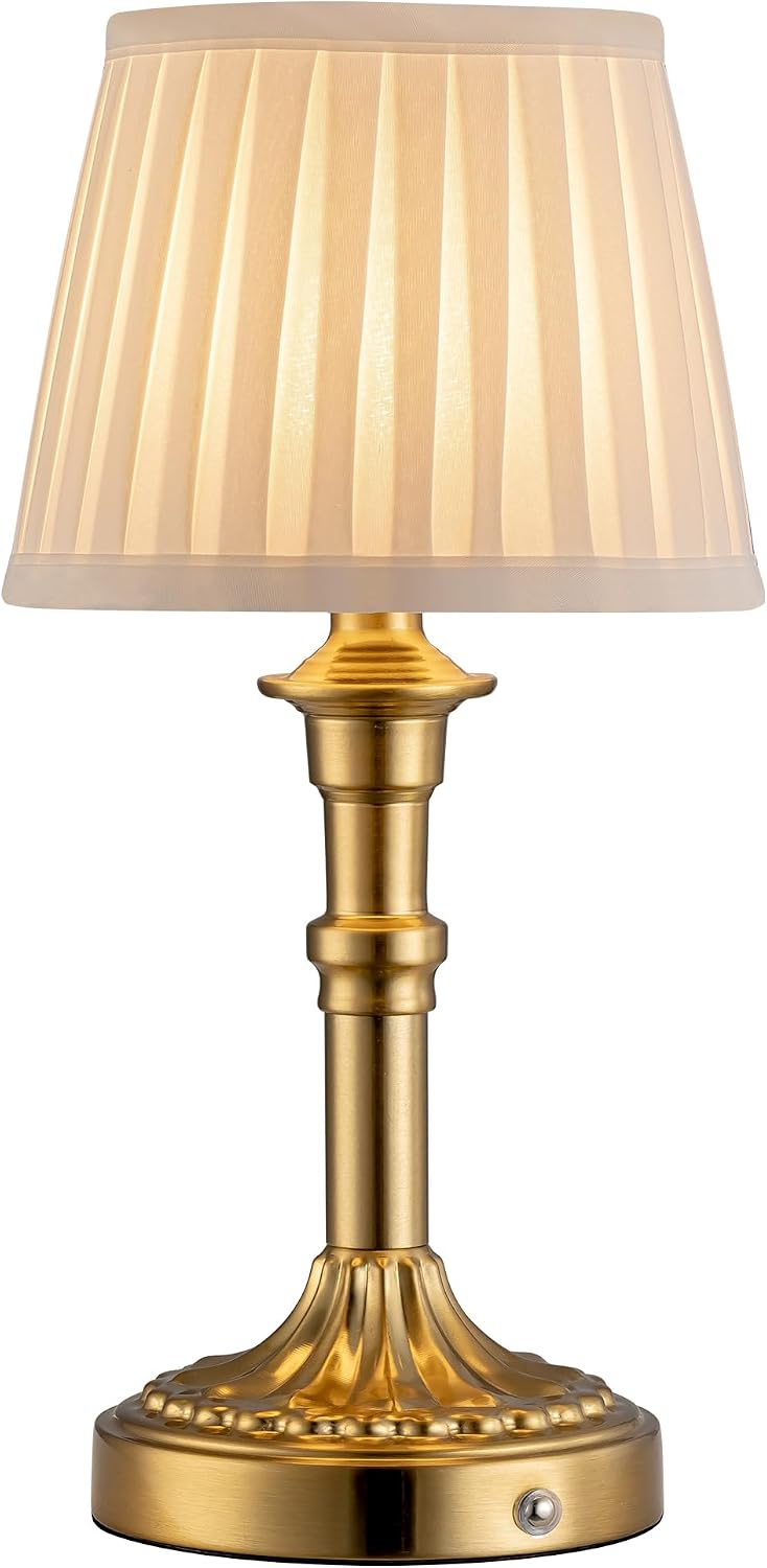 KDG Gold Cordless Portables Table Lamp, Beige Fabric Shade Small Desk Lamp