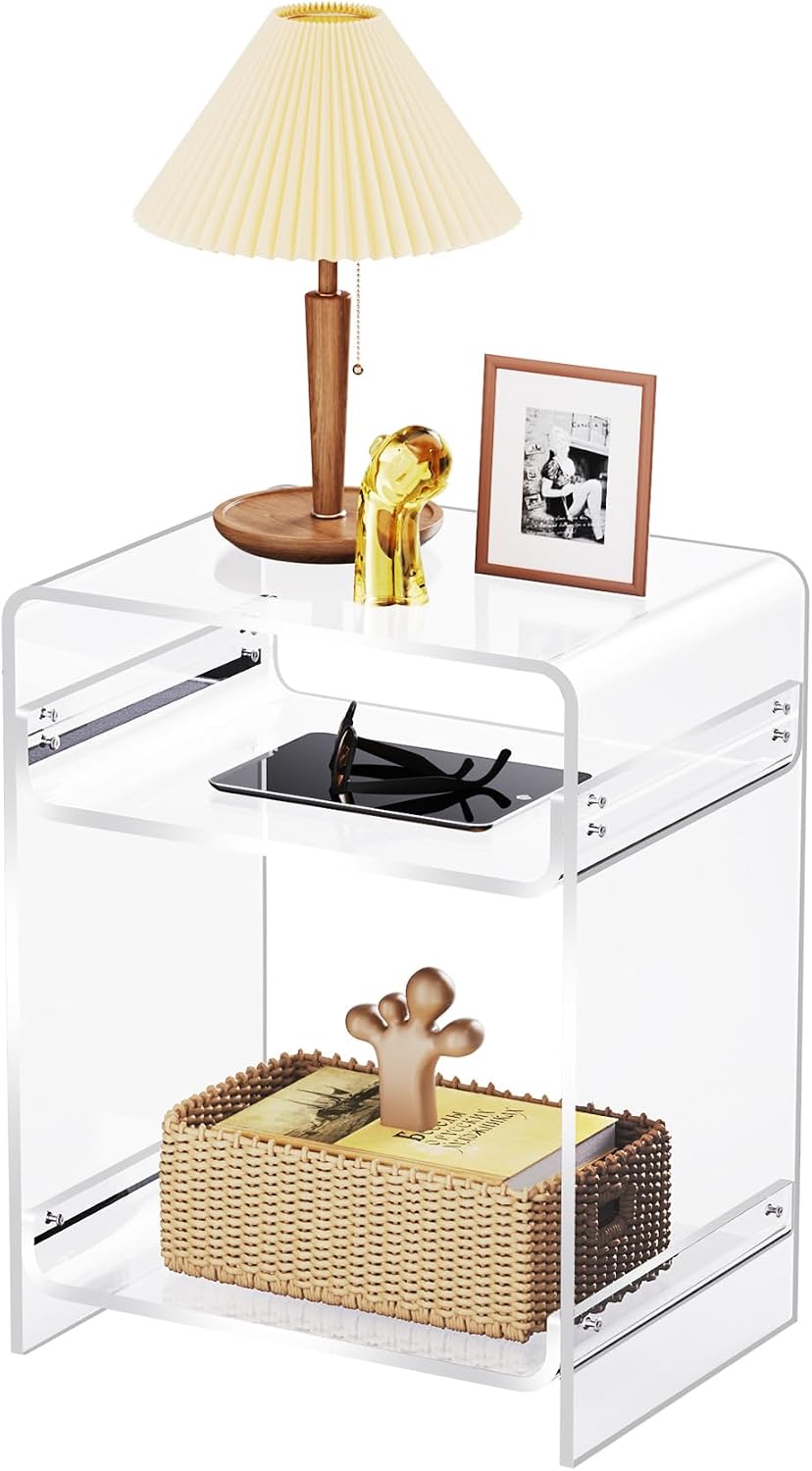 Acrylic End Table Record Player Table with Storage Shelf Clear Side Table Nig...