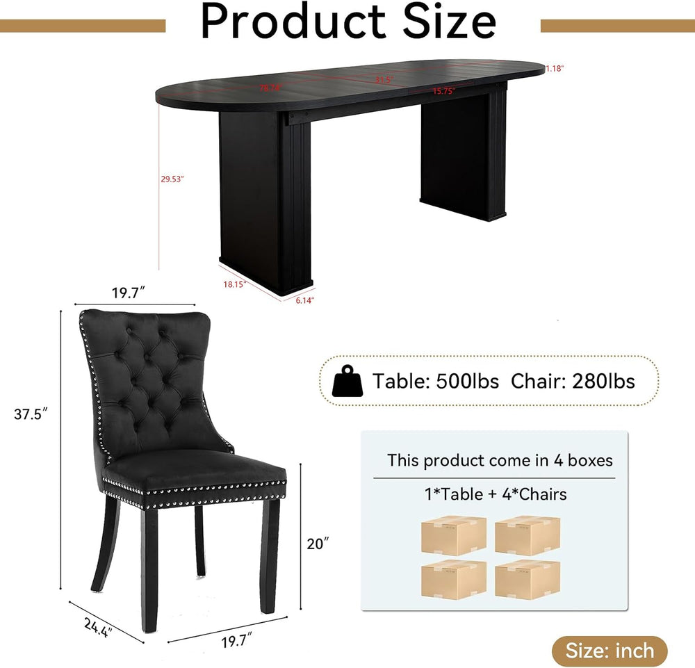Extendable Dining Table Set of 4, Black Oval Dining Room Table & 4 Black ...