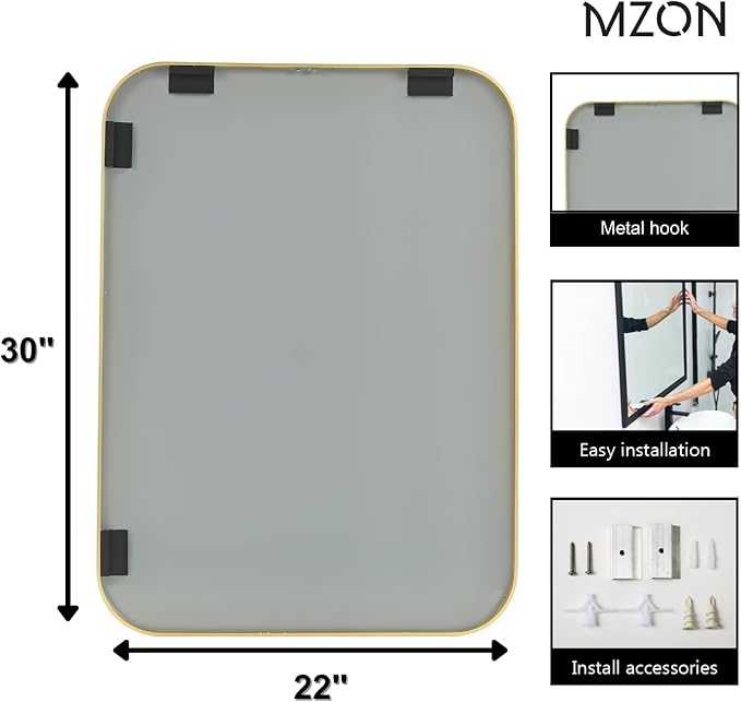 MZON 22x30 Inch Brushed Gold Vanity Mirror, Rectangle Bathroom Mirrors for Ov...