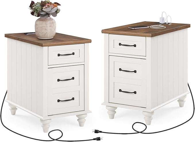 WAMPAT 2 Pack Off White End Table with Charging Station, Wood Side Sofa Table...