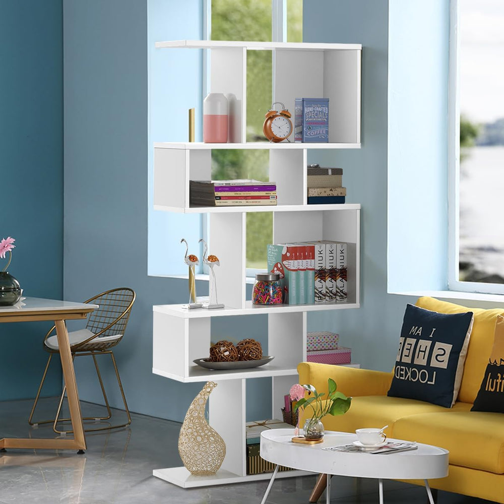 Giantex 5-Tier Geometric Bookshelf White, 70'' Tall Wood Freestanding...