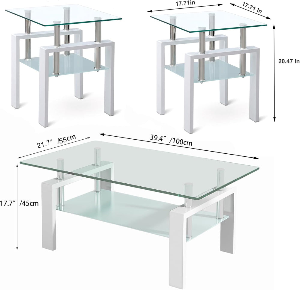 Tempered Glass Coffee Table Set of 3 Coffee Table and End Tables Set,Living R...