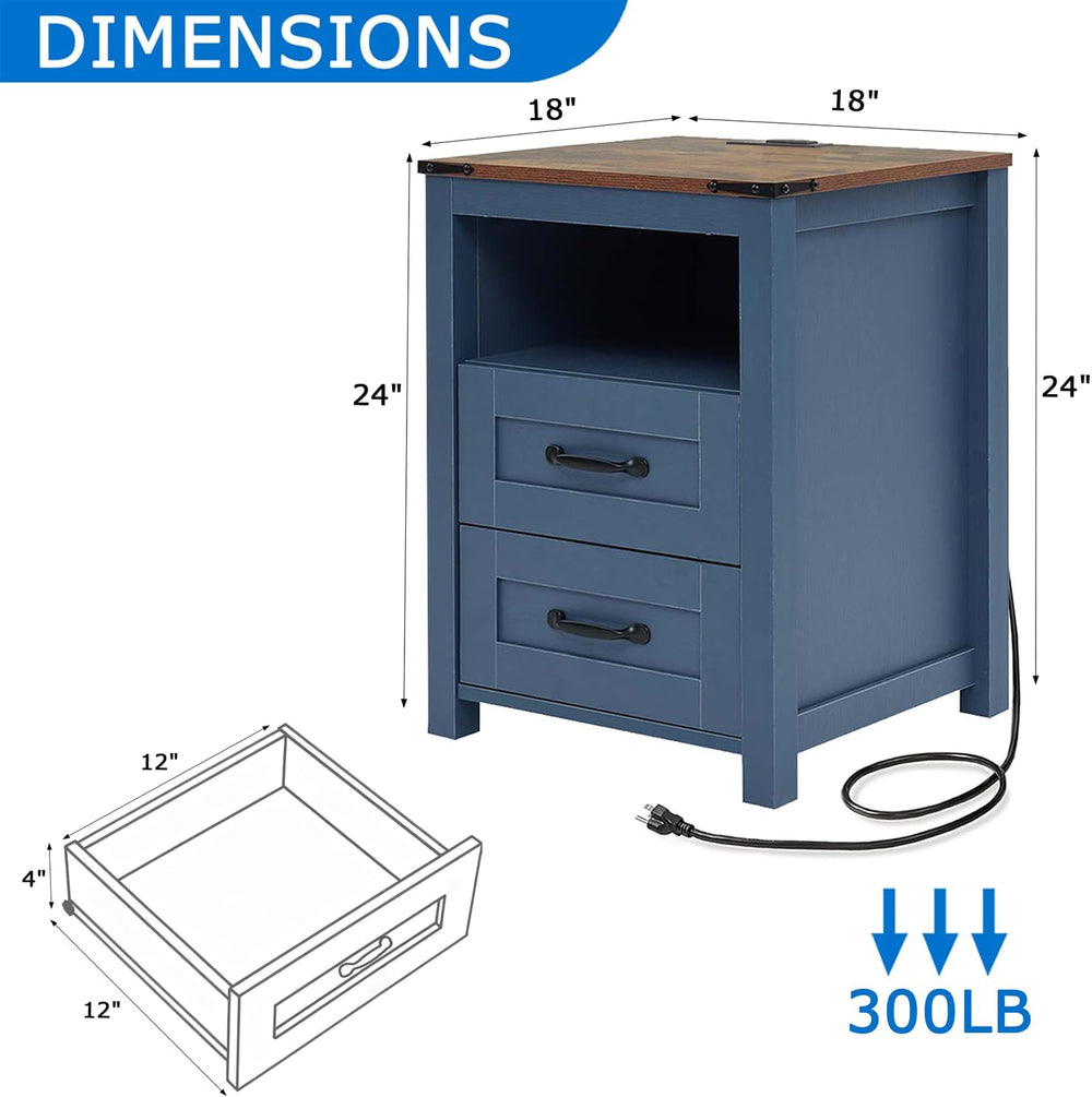 Farmhouse Nightstands Set of 2 with Charging Station, End Table with 2 Drawer...