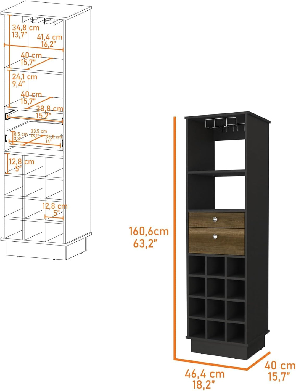 Wine Cabinet with 2-Drawer Storage, 1-Shelf Pantry Sideboard Locker for Kitch...