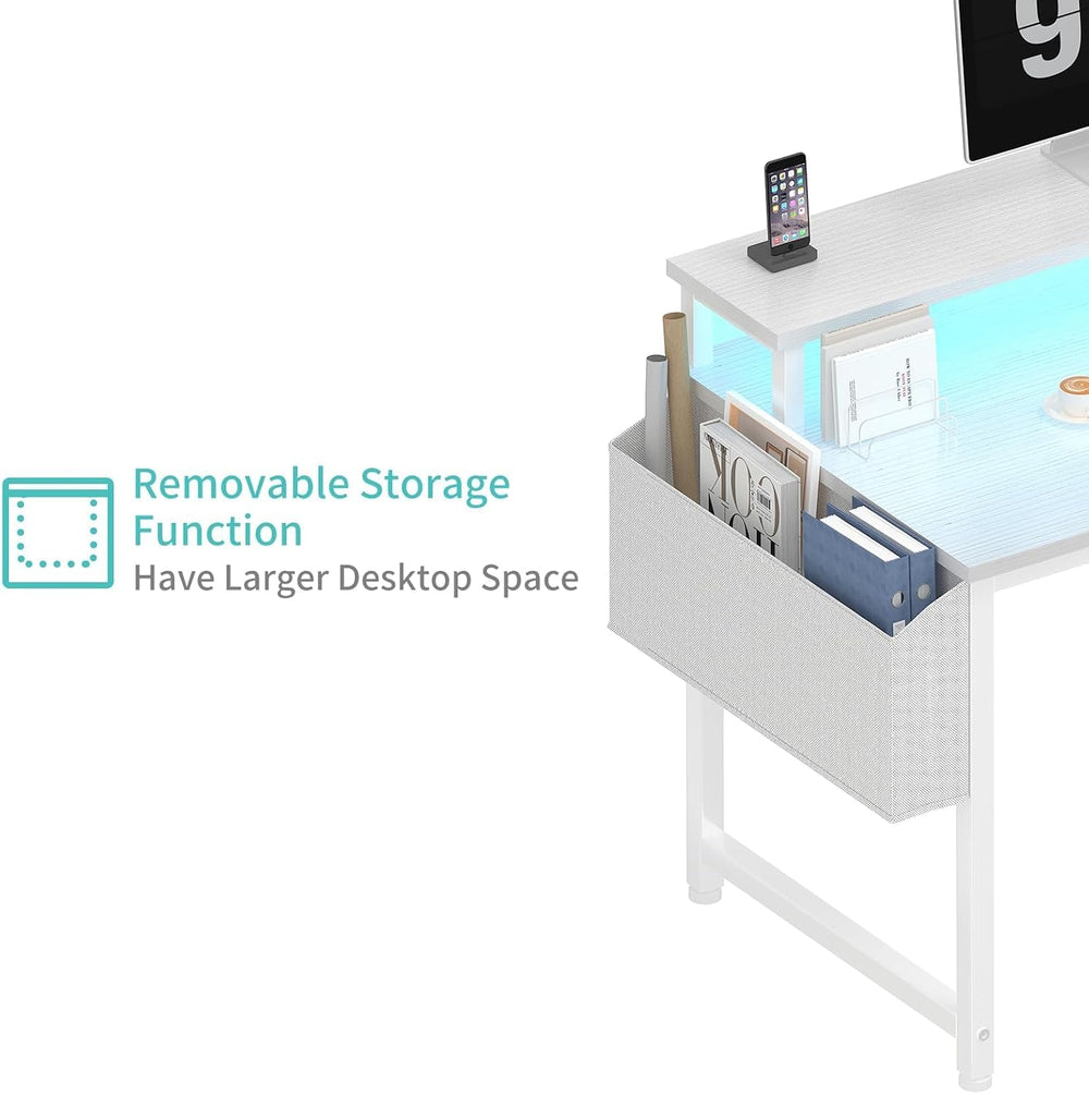 Lufeiya White Computer Desk with LED Lights and Power Outlets, 40 Inch Home O...