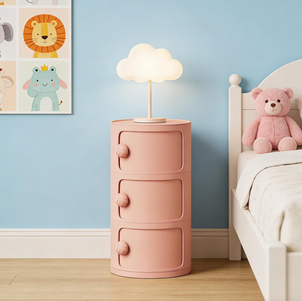 3 Tier Round Nightstand with Drawers, Plastic Pink Nightstand Modern Round Be...
